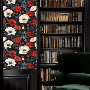 Dark Academia Red and White Poppies Tapete