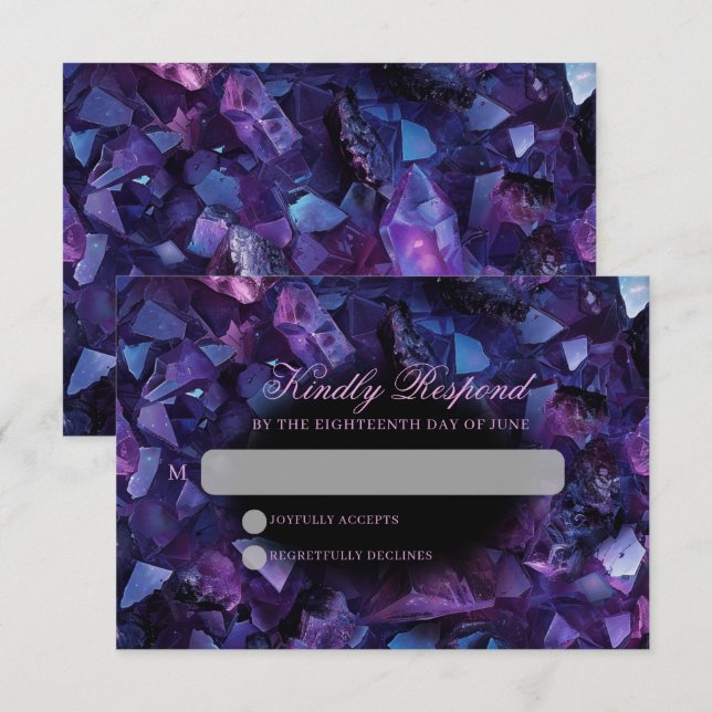 Dark Amethyst Boho Witch Crystals Black Wedding RSVP Karte (Vorne/Hinten)