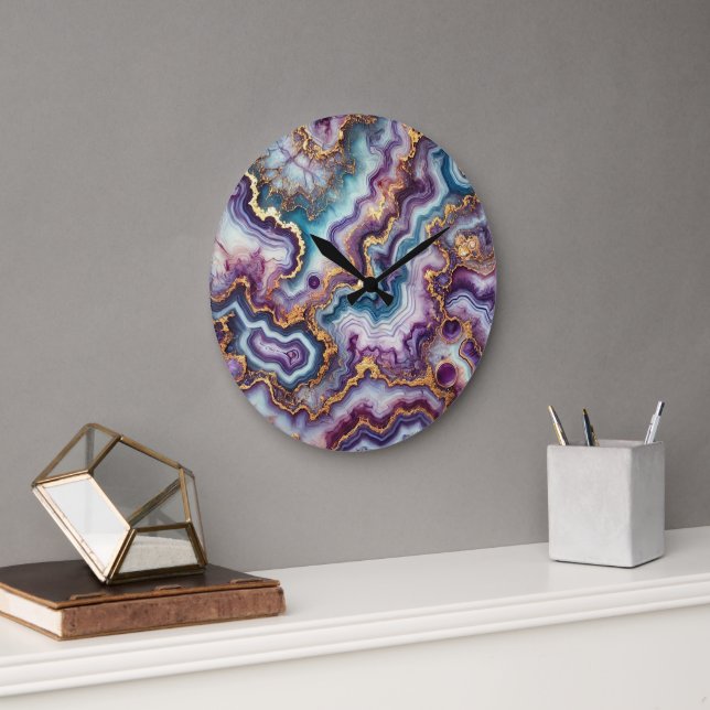 Dark Amethyst Lila Aquamarines blaues Goldmarmor-M Große Wanduhr (Büro)