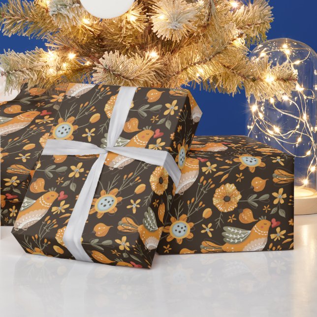 Dark and Cosy Niedlich Bird Floral Botanic Geschenkpapier (Feiertage)