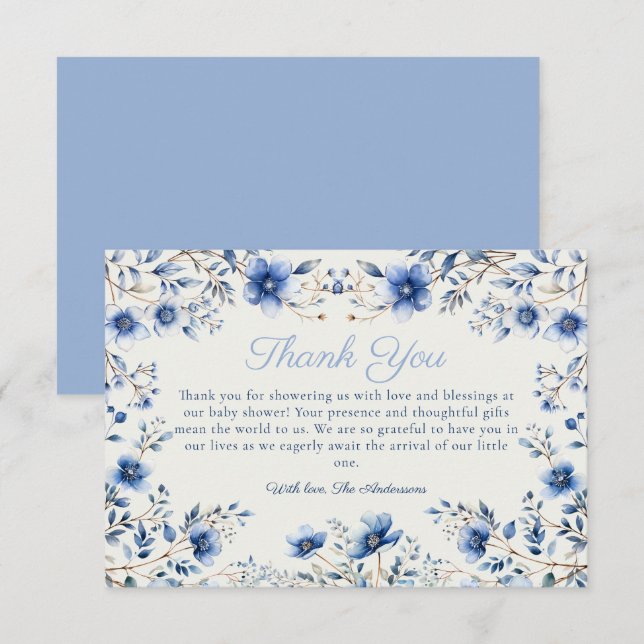 Dark and Dusty Blue Wildblumen Babydusche Dankeskarte (Vorne/Hinten)