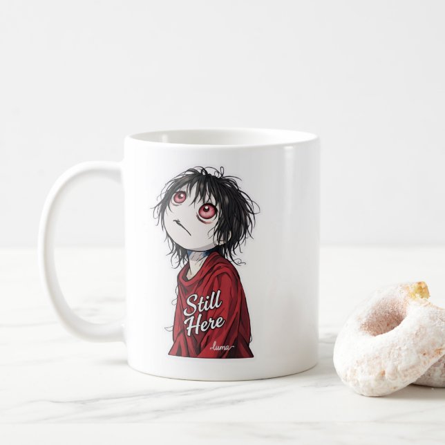 Dark Anime  "Still Here" Aesthetic Gothic Illustra Kaffeetasse (Mit Donut)