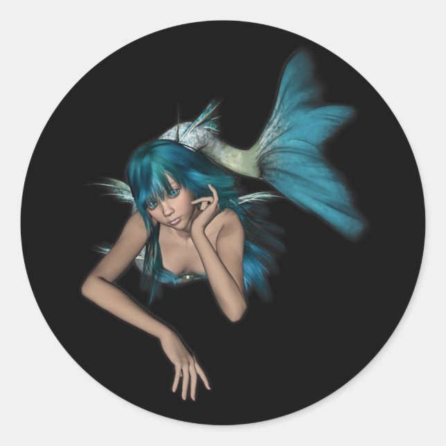Dark Aqua Blue 3D Mermaid Runder Aufkleber (Vorderseite)