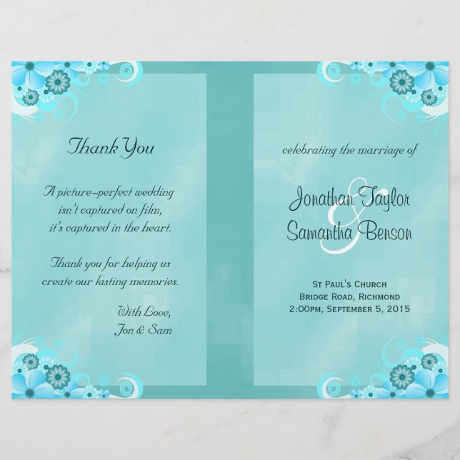 Dark Aqua Blue Floral Aquamarin Bi-Fold Hochzeitsp (Vorderseite)