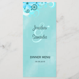 Dark Aqua Blue Floral Wedding Dinner Menu Cards Menükarte