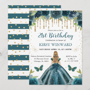 Dark Aqua Dress Blonde haarige Prinzessin Geburtst Einladung
