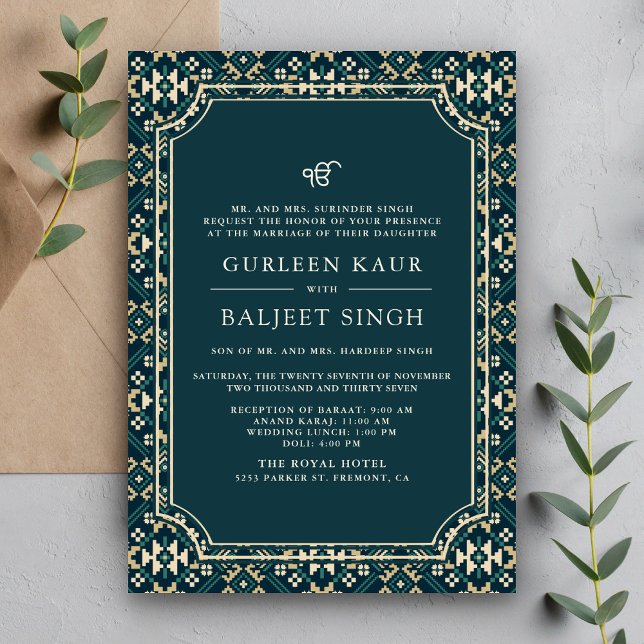 Dark Aquamarin Beige Ikat Anand Karaj Sikh Wedding Einladung (Von Creator hochgeladen)