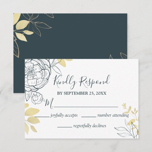 Dark Aquamarin Blue & Gold Peony Floral Wedding RSVP Karte (Vorne/Hinten)