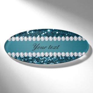 Dark Aquamarin Blue Imitats Glitzer und Diamanten Namenschild