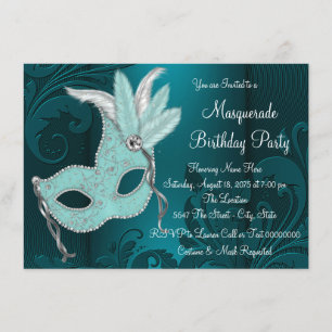 Dark Aquamarin Blue Mask Masquerade Party Einladung