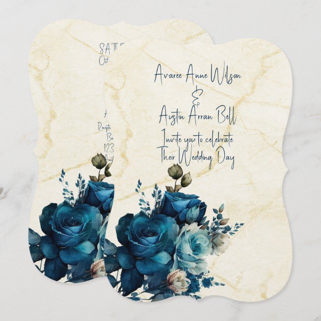 Dark Aquamarin Floral Wedding Bouquet Einladung (Vorne/Hinten)