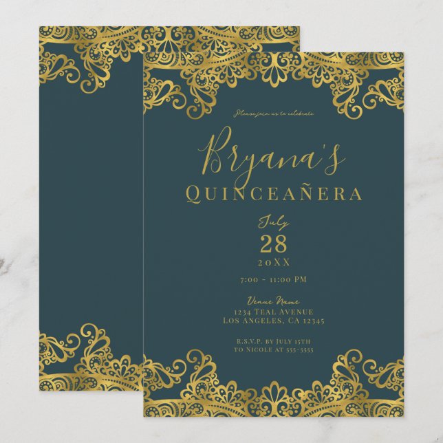 Dark Aquamarin & Gold Lace Elegantes Quinceñera Pa Einladung (Vorne/Hinten)