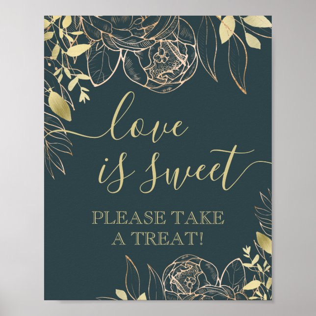 Dark Aquamarin & Gold Modern Floral Gevor Table Poster (Vorne)