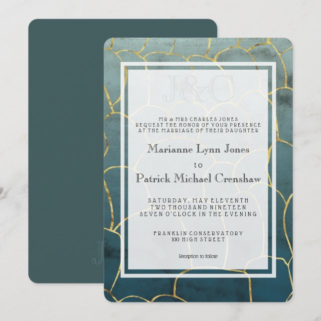 Dark Aquamarine Goldvein Moderne Hochzeit Einladung (Vorne/Hinten)