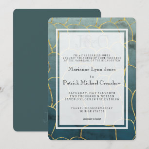 Dark Aquamarine Goldvein Moderne Hochzeit Einladung