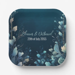 Dark Aquamarine und Aquamarin Blue Floral Wedding Pappteller