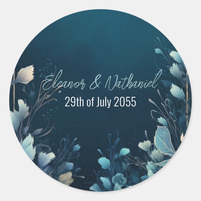 Dark Aquamarine und Aquamarin Blue Floral Wedding Runder Aufkleber (Vorderseite)