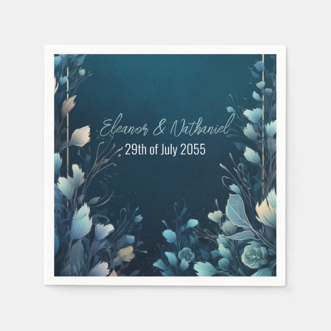Dark Aquamarine und Aquamarin Blue Floral Wedding Serviette (Vorderseite)