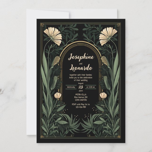 Dark Art Nouveau Botanical Wedding Einladung (Vorderseite)