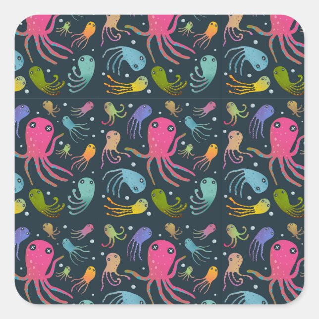 Dark Background under Sea Marine Life Cartoon Quadratischer Aufkleber (Vorderseite)