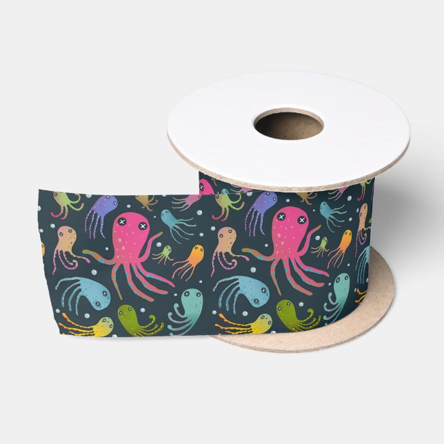 Dark Background under Sea Marine Life Cartoon  Satinband (Spule)