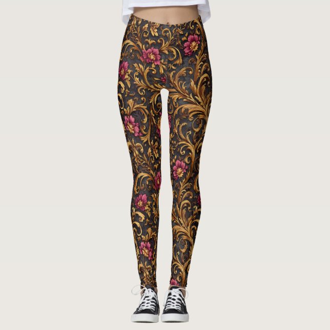 Dark Baroque Floral with Gold Scrolls Leggings (Vorderseite)