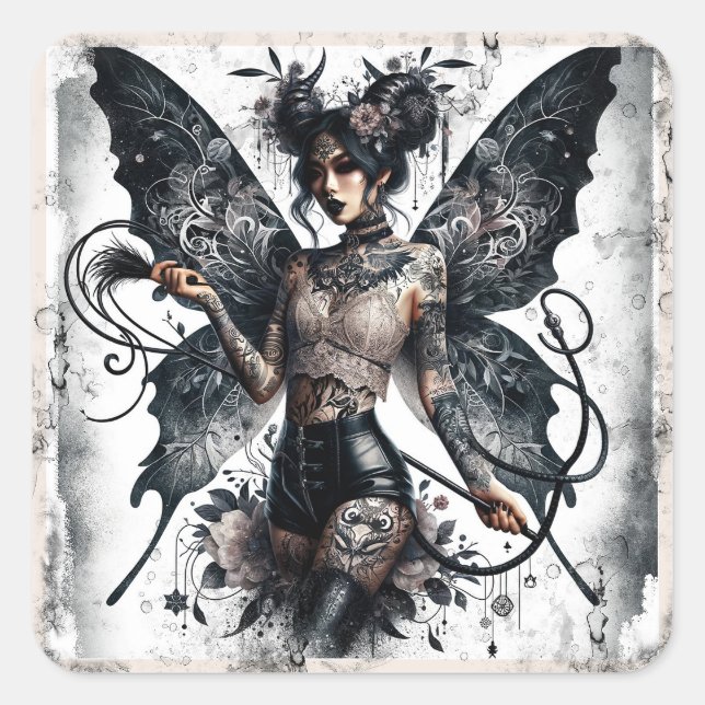 Dark Beauty Gothic Asian Fee Tattoos & Whip Quadratischer Aufkleber (Vorderseite)