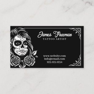 Dark Black and White Lady Skull Tattoo Artist Visitenkarte