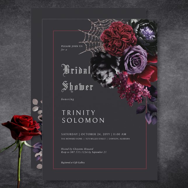 Dark Black Floral & Silver Web Brautparty Einladung (Dark Black Floral & Silver Web Bridal Shower Invitation)