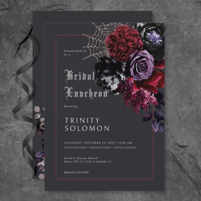 Dark Black Floral & Silver Web Bridal Luncheon Einladung (Dark Black Floral & Silver Web Bridal Luncheon Invitation)