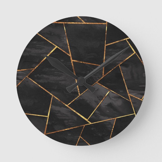 Dark Black Ink Gold Copper Geometric Glam #1 #geo  Runde Wanduhr (Vorderseite)