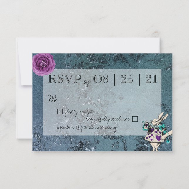 Dark Blue Alice im Wunderland Wedding RSVP Karte (Vorderseite)