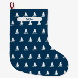 Dark Blue and White Christmas Tree Design Großer Weihnachtsstrumpf