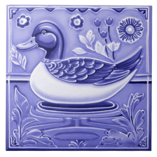 Dark Blue and White Duck European Folk Animal Art Fliese