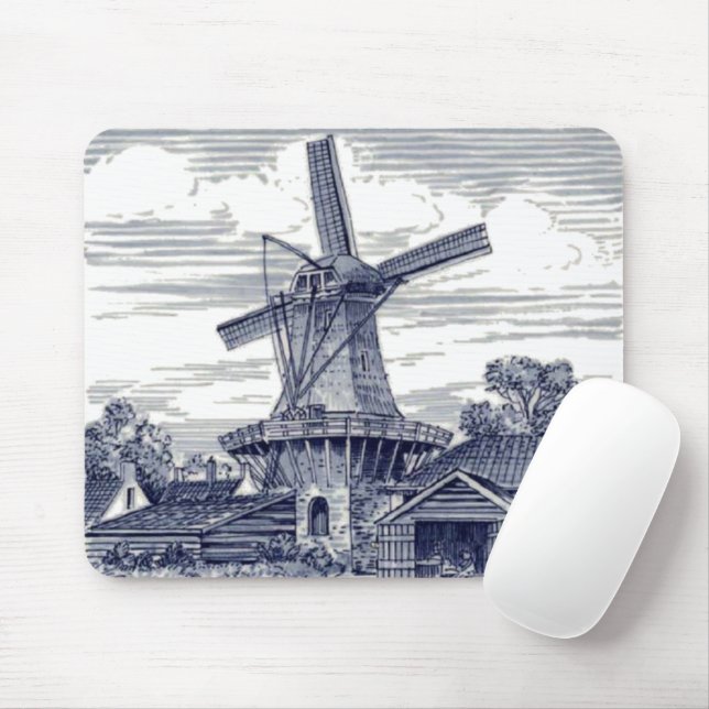 Dark Blue Antique Delft Blue Dutch Windmill Mousepad (Mit Mouse)