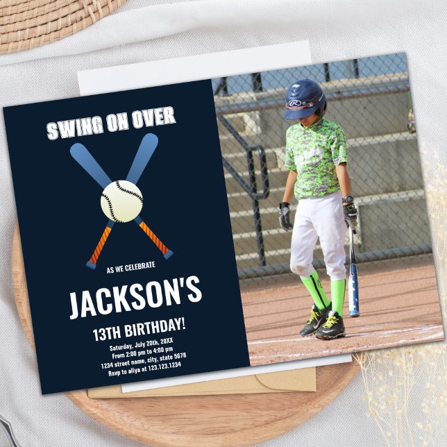 Dark Blue Baseball Invitations Anniversaire avec p (Dark Blue Baseball Birthday Invitations with photo)