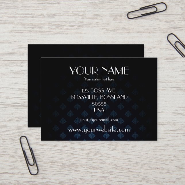 Dark Blue & Black Damask Custom Visitenkarte (Vorderseite/Rückseite Beispiel)