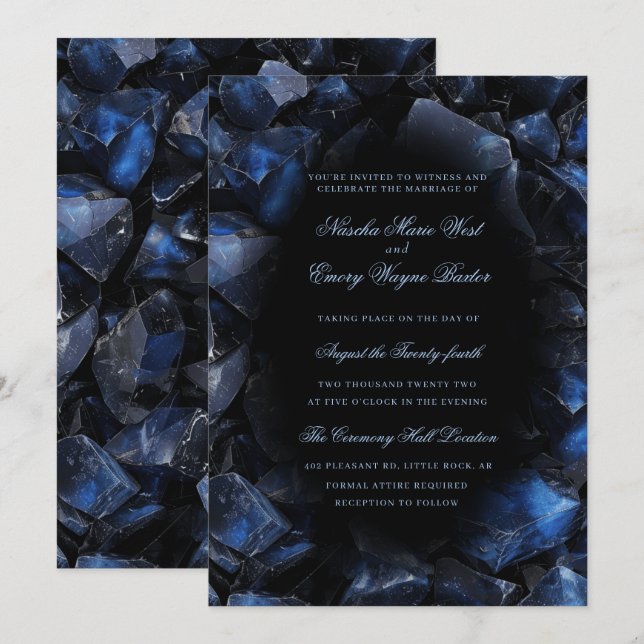 Dark Blue Boho Hexen Crystals Black Wedding Einladung (Vorne/Hinten)