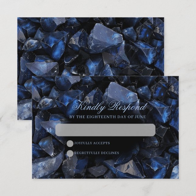 Dark Blue Boho Hexen Crystals Black Wedding RSVP Karte (Vorne/Hinten)
