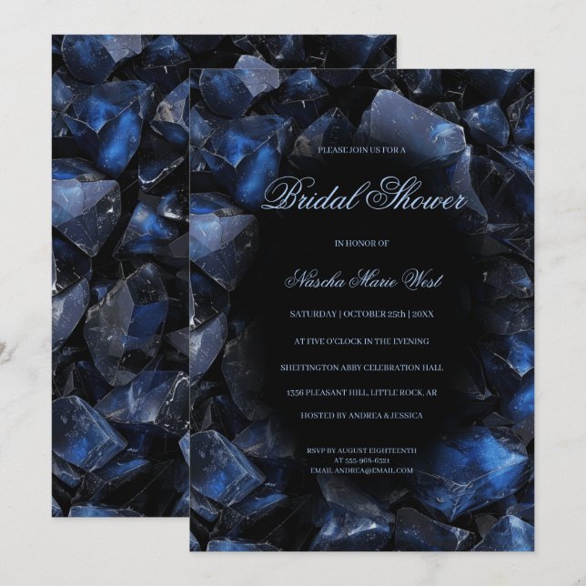 Dark Blue Boho Witch Crystals Black Bridal Shower Einladung (Vorne/Hinten)