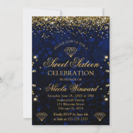 Dark Blue Bokeh & Gold Glitzer Sweet 16 Einladung