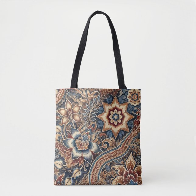Dark Blue Brown Indonesian Batik Floral Muster Tasche (Vorderseite)