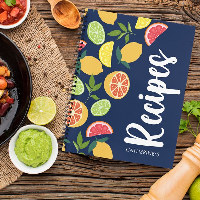 Dark Blue Citrus Lemon Orange Muster Namensschilde Notizbuch (Von Creator hochgeladen)