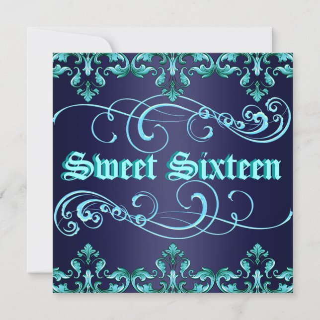 Dark Blue Damask Print Sweet 16 Birthday Einladung (Vorderseite)
