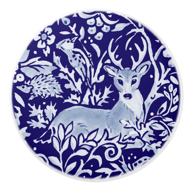 Dark Blue Deh Igel Woodland Animal Floral Keramikknauf (Vorderseite)