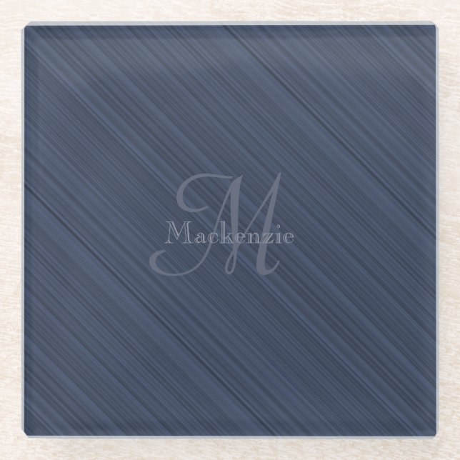 Dark Blue Diagonal Stripes Custom Monogram Name Glasuntersetzer (Vorderseite)