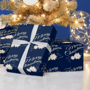 Dark Blue Elegant Frohe Weihnachten Weiße Poinset Geschenkpapier