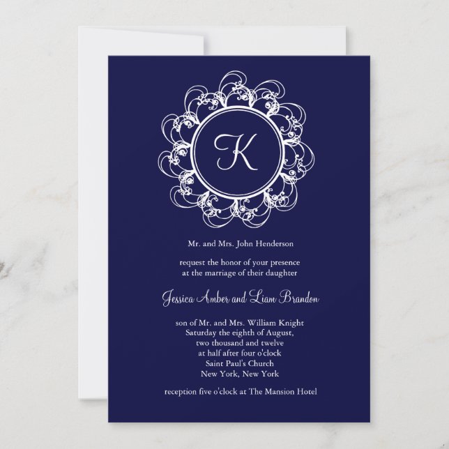 Dark Blue Extravagant Monogram Weditation Einladung (Vorderseite)