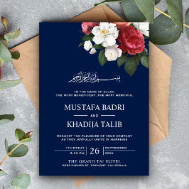 Dark Blue Floral Bouquet Islamische Hochzeit Einladung