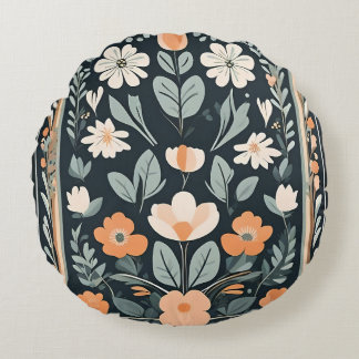 Dark Blue Floral Folks Rundes Kissen